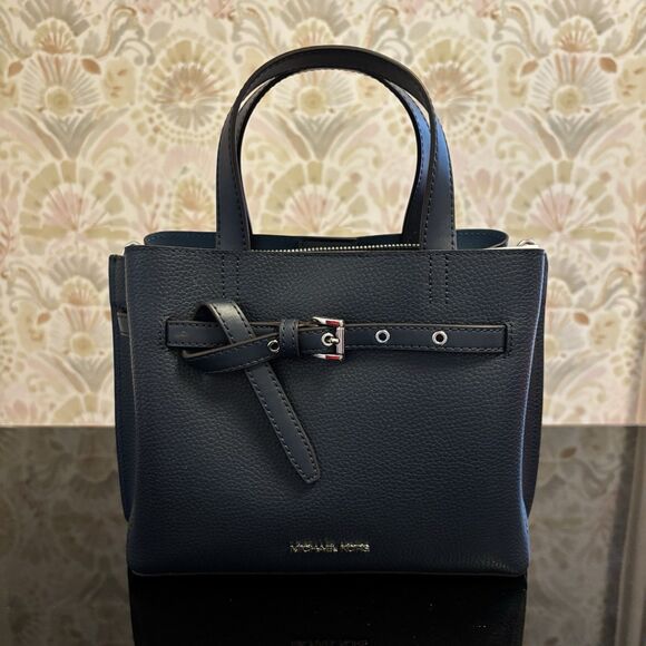 NEW‎ Michael Kors Emilia Small Pebbled Leather Satchel Black Cross Body Purse - Picture 1 of 6